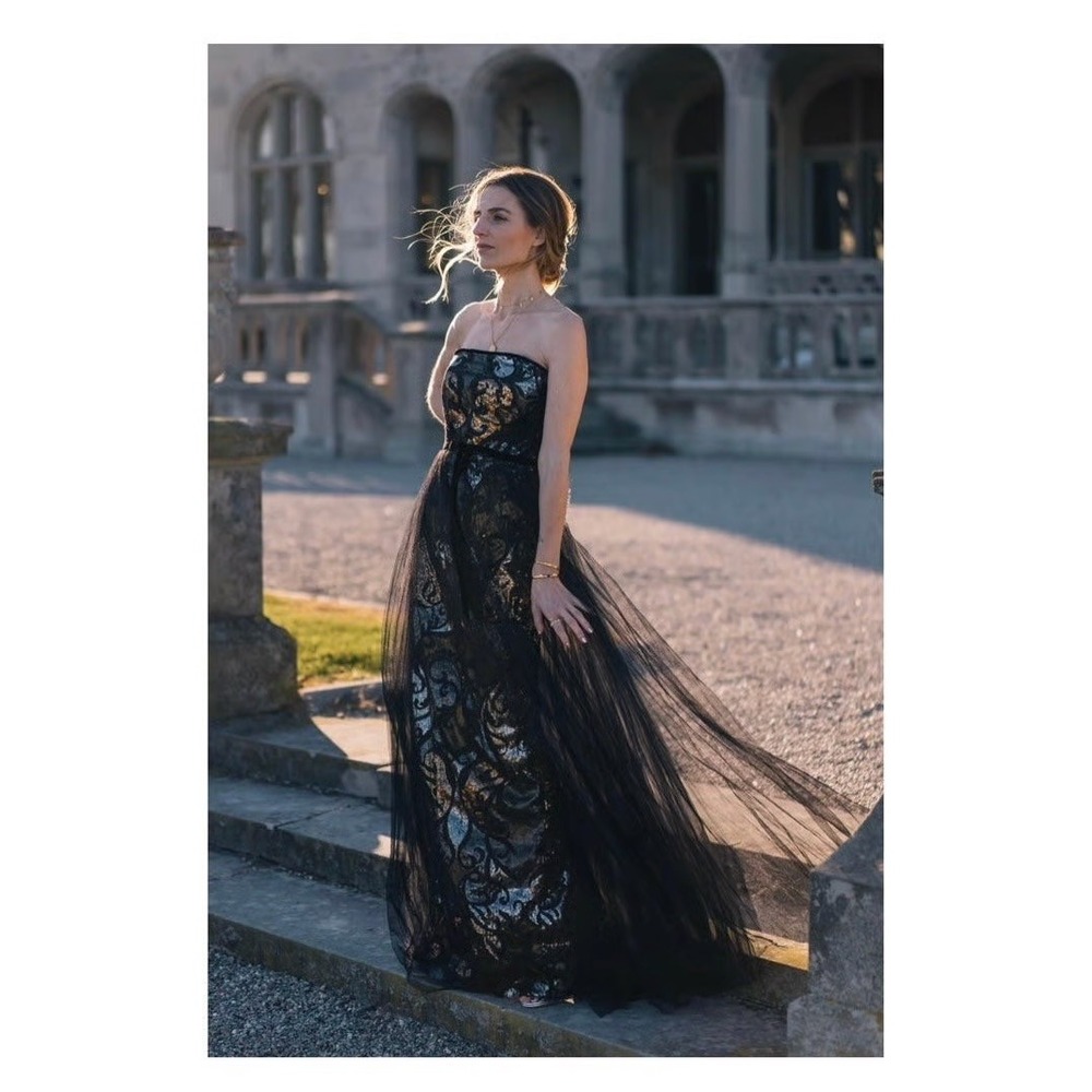 MARCHESA NOTTE Black Gold Sequin Tulle Strapless Gown Formal Evening‎ Ballgown